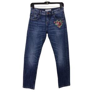 Zara Jeans Women’s 00 Blue Rose Floral Embroidered Mid Rise Skinny Distressed